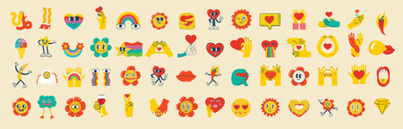 Trendy groovy sticker set. Retro cartoon style valentines day. 70s 60s aesthetics isolated elements. Vintage vector illustrations.のイラスト素材