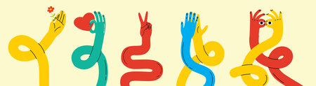 Cartoon hands abstract drawn comic. Set of Hand multicolored different signs and symbols. Drawing style Sticker decals. Retro Y2K. Vector illustrationのイラスト素材