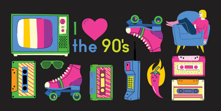 90s Big sticker set. Retro pc elements, user interface, camera, childhood, tape, game 90 icons in trendy y2k retro style. Nostalgia for 1990s -2000s vector illustrationsのイラスト素材