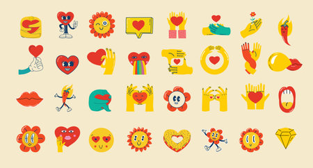 Trendy groovy sticker set. Retro cartoon style valentines day. 70s 60s aesthetics isolated elements. Vintage vector illustrations.のイラスト素材