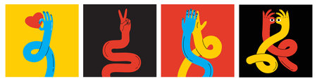 Cartoon hands abstract drawn comic. Set of Hand multicolored different signs and symbols. Drawing style Sticker decals. Retro Y2K. Vector illustrationのイラスト素材