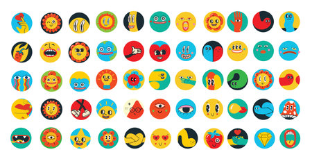 Trendy groovy round icons for social media stories. stickers set. Retro cartoon style with70s 60s...