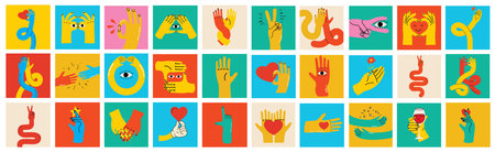Cartoon hands abstract drawn comic. Set of Hand multicolored different signs and symbols. Drawing style Sticker decals. Retro Y2K. Vector illustrationのイラスト素材