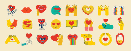 Set of patches for Valentines day isolated on the background. Fun badges in retro style. Vector pictures of hearts, lips, gifts and otherのイラスト素材
