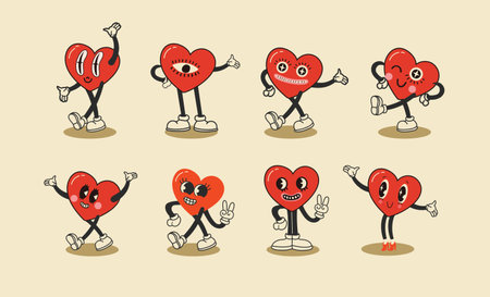 Valentines Day set of funny vintage characters. Happy and cheerful emotions. Old animation 60s 70s, funny cartoon characters. Trendy illustration in retro style. Vector isolated background.のイラスト素材