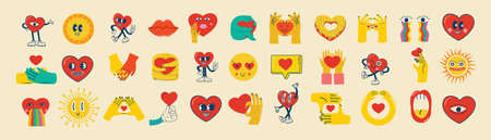 Groovy lovely hearts stickers. Love concept. Happy Valentines day. Funky happy heart character in trendy retro 60s 70s cartoon style. Vector illustration in red colors.のイラスト素材