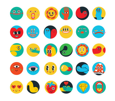 Groovy hippie love round icons set. Comic happy retro faces, geometric stickers, characters in trendy retro 60s 70s cartoon style. Vintage vector illustrations.のイラスト素材