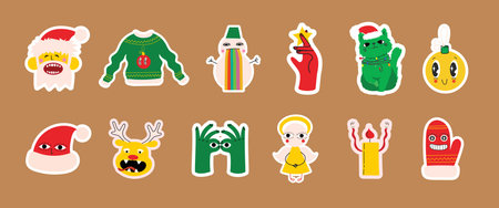 Cute Christmas stickers. Collection of Christmas decorations, holiday gifts, gingerbread, trees and gifts. Vector illustration, collection design and element for Christmas and New Year.のイラスト素材