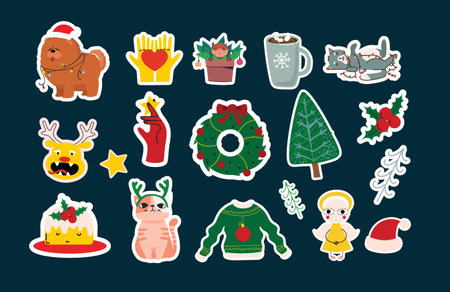 Cute Christmas stickers. Collection of Christmas decorations, holiday gifts, gingerbread, trees and gifts. Vector illustration, collection design and element for Christmas and New Year.のイラスト素材