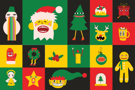 Cute Christmas stickers. Collection of Christmas decorations, holiday gifts, gingerbread, trees and gifts. Vector illustration, collection design and element for Christmas and New Year.のイラスト素材