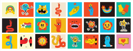Groovy hippie love card set. Comic happy retro faces, geometric stickers, characters in trendy retro 60s 70s cartoon style. Vintage vector illustrations.のイラスト素材