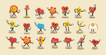 Groovy hippie love sticker character. Comic happy hearts, sun, stars, cloud character in trendy retro 60s 70s cartoon style. Vintage isolated vector illustration.のイラスト素材
