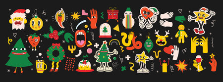 Cute Christmas stickers. Collection of Christmas decorations, holiday gifts, gingerbread, trees and gifts. Vector illustration, collection design and element for Christmas and New Year.のイラスト素材