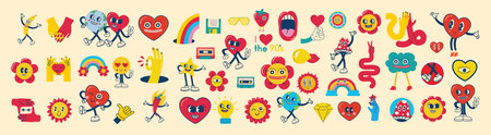 Groovy lovely hearts stickers. Love concept. Happy Valentines day. Funky happy heart character in trendy retro 60s 70s cartoon style. Vector illustration in red colors.のイラスト素材