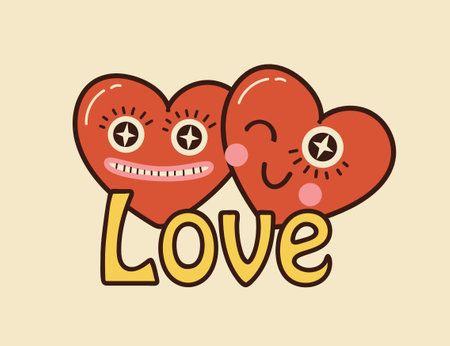 Retro happy Valentines day. Comic happy heart character in trendy retro 60s 70s cartoon style. Retro characters and elements. Groovy hippie love sticker set.のイラスト素材