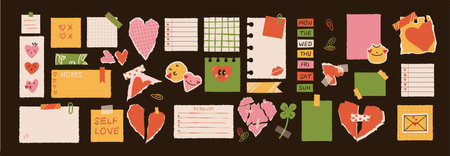 Various Paper notes on stickers. Information board with blank Paper sticky notes for reminders, to do list, planner, schedule. Hand drawn Vector illustration. Cartoon style.のイラスト素材