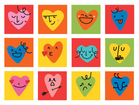 Groovy lovely hearts stickers. Love concept. Happy Valentines day. Funky happy heart character in trendy retro 60s 70s cartoon style. Vector illustration in bright colors.のイラスト素材
