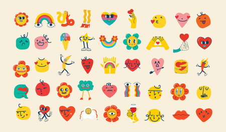 Groovy hippie love sticker set. Heart funny cartoon character different pose. Happy valentines day concept. Trendy retro 60s 70s style emoji. Y2K aesthetic. Vector illustration.のイラスト素材