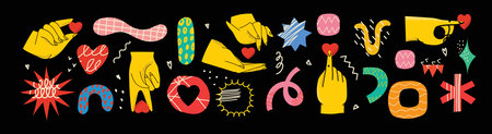 Big collection with I love you heart sign. Set of Valentine day and expressions love to you, message of love hand gesture, shapes heart with the hands.のイラスト素材