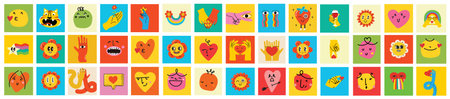 Groovy hippie love card set. Comic happy retro faces, geometric stickers, characters in trendy retro...