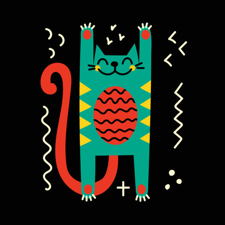 Collection with cute cat ,decorative abstract illustrations with colorful doodles, geometric shapes. Hand-drawn modern illustration with cats, flowers, abstract elementsのイラスト素材