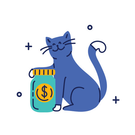 Cute cat bank with coins vector illustration in flat style. The concept of saving or save money or open a bank deposit. The idea of an icon of investments in the form of a cat bank.のイラスト素材