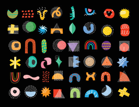 Abstract Graphic Elements set in Minimal Trendy Style. Hand drawn doodle spots, drops, curves, lines for creating patterns, Invitations, posters, cards, social media postsのイラスト素材