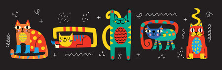 Collection with cute cats, decorative abstract illustrations with colorful doodles, geometric shapes. Hand drawn modern illustration with cats, abstract elementsのイラスト素材