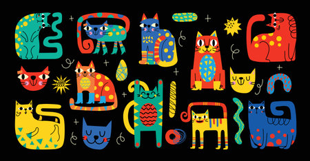 Abstract Cat and Graphic Elements set in Minimal Trendy Style. Hand drawn doodle cats, spots, drops, curves, lines for creating patterns, Invitations, posters, cards, social media postsのイラスト素材