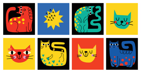 Abstract Graphic Elements set in Minimal Trendy Style. Hand drawn doodle cats, spots, drops, curves, lines for creating patterns, Invitations, posters, cards, social media postsのイラスト素材