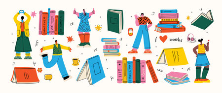 Book concepts set. Happy readers reading books and flying, laying , sitting everywhere. Flat trendy retro vector illustrations isolated on white backgroundのイラスト素材