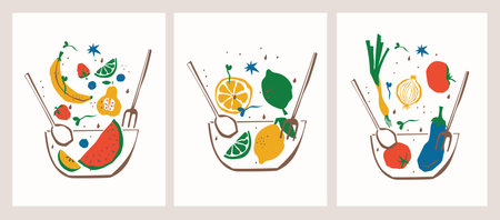 Abstract Floral Posters Set with Fruits, Vegetables and Leaves . Trendy Groovy Abstract paper cut elements, fruits and berries for social media, postcards, print.のイラスト素材