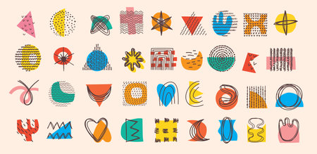 Abstract Graphic Elements in Minimal Trendy Style. Hand drawn doodle shapes, spots, drops, curves, lines for creating patterns, Invitations, posters, cards, social media postsのイラスト素材