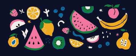 Geometric summer fresh fruit cut artwork poster with colorful simple shapes. Minimalist illustration of bright color fruits on a black background.のイラスト素材