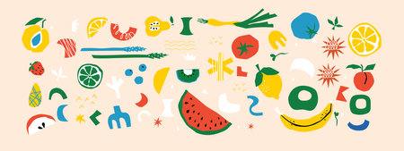 Abstract Floral Posters Set with Vegetables and Leaves . Trendy Groovy Abstract paper cut elements, fruits and berries for social media, postcards, print.のイラスト素材