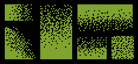 Pixel disintegration background set. Decay effect. Dispersed dotted pattern. Concept of disintegration, pixel mosaic textures with simple square particles.のイラスト素材