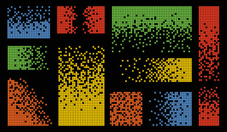 Pixel disintegration color backgrounds. Decay effect. Dispersed dotted pattern. Concept of disintegration, pixel mosaic textures with simple square particles.のイラスト素材