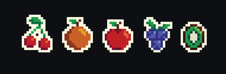 Retro pixel art food isolated icons with 8bit pixel fruits and vegetables. Vintage 8 bit console game asset, computer arcade vector items set with berries and exotic fruitsのイラスト素材