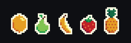 Retro pixel art food isolated icons with 8bit pixel fruits and vegetables. Vintage 8 bit console game asset, computer arcade vector items set with berries and exotic fruitsのイラスト素材
