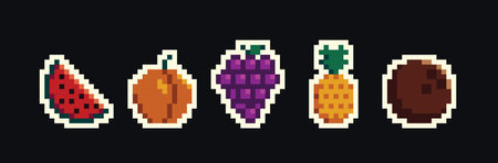 Retro pixel art food isolated icons with 8bit pixel fruits and vegetables. Vintage 8 bit console game asset, computer arcade vector items set with berries and exotic fruitsのイラスト素材