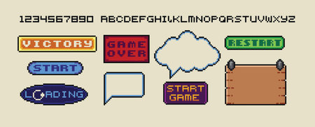 Pixel art frames. Retro 8 bit buttons, arrows, speech bubble messages and quote frame. Game UI vector template set of pixel game frame, 8 bit message illustrationのイラスト素材