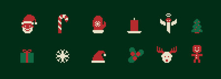 Vintage 8 bit simple Merry Christmas icon set. Festive Xmas symbols in pixel art. Happy New Year...