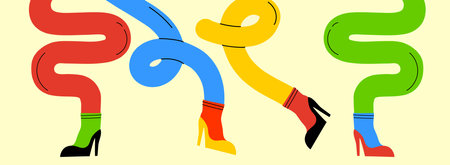 Groovy hippie set of colorful curved funny twisted intertwined legs in different poses. Hand drawn vector colored trendy illustration. Flat designのイラスト素材