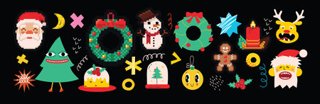 Merry Christmas and Happy New year stickers. Santa Claus gifts coffee heart gingerbread in trendy groovy retro 90s cartoon style. Sticker pack of cartoon characters and elements.のイラスト素材