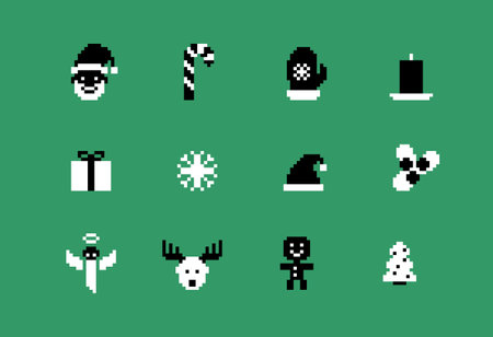 Vintage 8 bit Merry Christmas icon set. Festive Xmas symbols in pixel art. Festive Xmas symbols in pixel art. Happy New Year collection in retro video game style.のイラスト素材