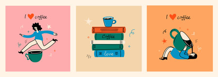 People enjoying coffee. Woman holding takeaway mugs, paper cups. Characters drinking hot morning beverages, americano, cappuccino to go, in trendy retro style.のイラスト素材