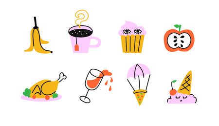 Big vector set of the food hand drawn logos. Various simple, doodle, cute, minimalistic icons for restaurant, menu, posters and cards. Childrens drawings style. Design elements.のイラスト素材