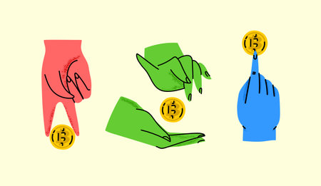 Online payment on online money or cryptocurrency transfer or currency exchange concept with hands and golden bitcoin. Minimalistic vector illustrationのイラスト素材