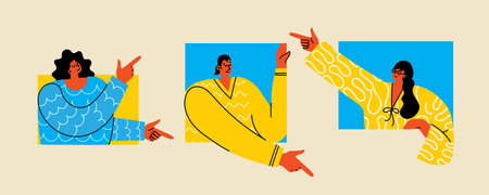 Young happy excited men and women pointing with fingers showing with hands, positive emotions. Flat graphic vector illustrations isolated on color backgroundのイラスト素材