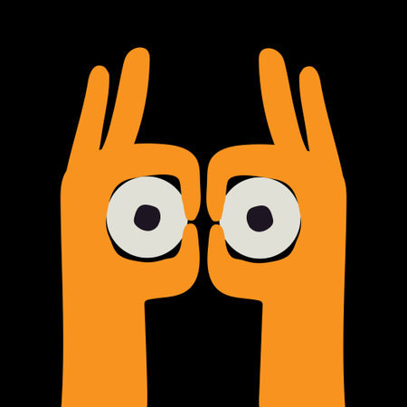 Hands make binoculars and eyes look through them. Search engine or research or looking for concept. Trendy hand drawn vector cartoon element for web or banner design. Vector illustrationのイラスト素材